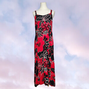 Vtg Y2k Serendipity Maui Red Black Floral Hibiscus Tropical Sun Dress Sz M